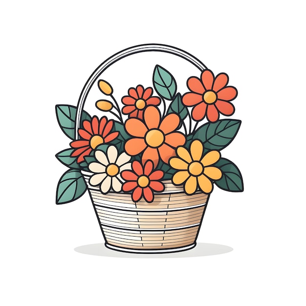 Basket With Flowers And Leaves Vector Illustration In Cartoon Style