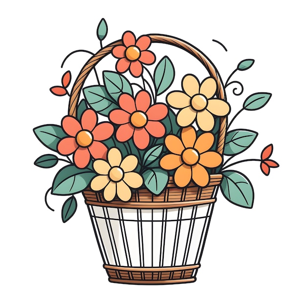 Photo basket with flowers and leaves vector illustration in doodle style