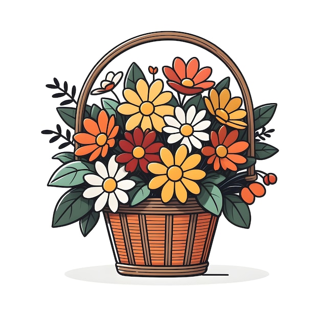 Basket With Flowers Vector Illustration In Doodle Style