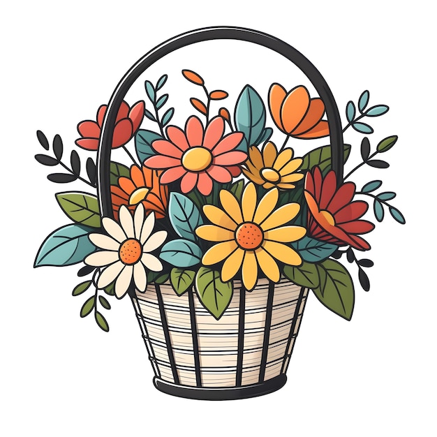 Basket With Flowers Vector Illustration In Doodle Style