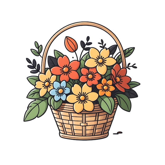 Basket With Flowers Vector Illustration In Doodle Style