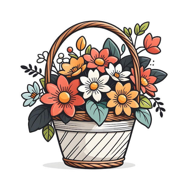 Photo basket with flowers vector illustration in doodle style