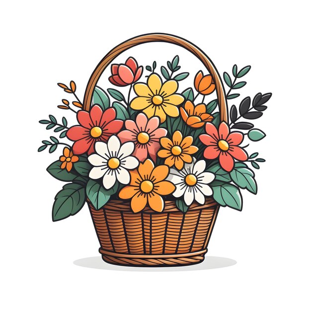 Photo basket with flowers vector illustration in doodle style