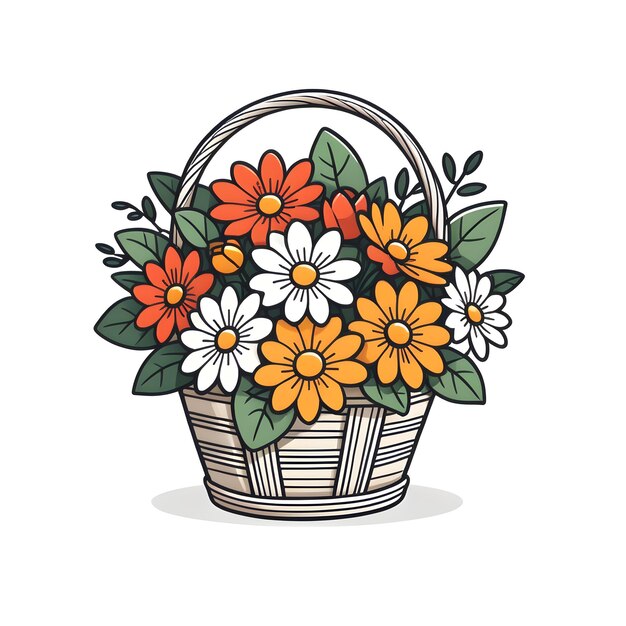 Basket With Flowers Vector Illustration In Doodle Style