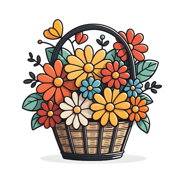 Basket With Flowers Vector Illustration In Doodle Style