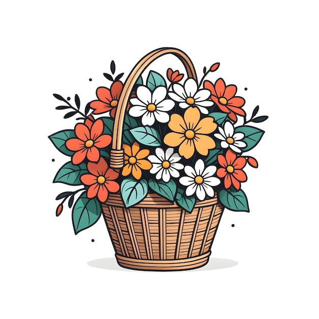 Photo basket with flowers vector illustration in doodle style