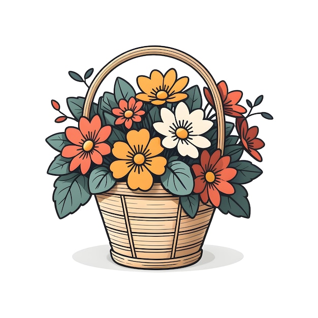 Photo basket with flowers vector illustration in doodle style