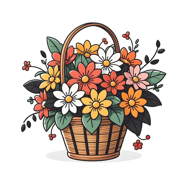 Basket With Flowers Vector Illustration In Doodle Style