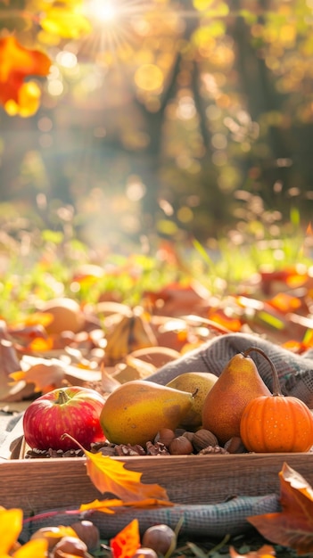 A basket with fragrant pears fancyshaped pumpkins walnuts and hazelnuts stands in the autumn golden