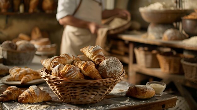 Basket with fresh croissants on table in bakery closeup