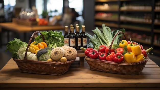 Basket with fresh fruits and vegetables in the store on the table Different products in the basket