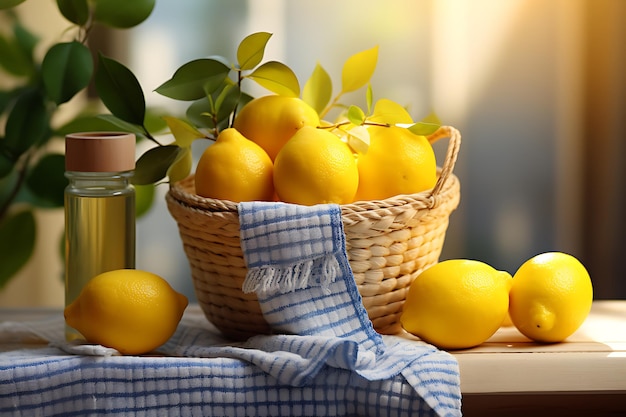 Basket with fresh lemons and towels on table in room closeup