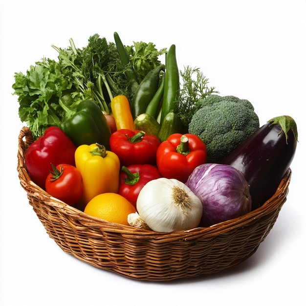 Basket with fresh vegetables on a white background