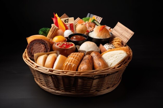 Basket with international fast food dishes including hamburgers pizza and sushi