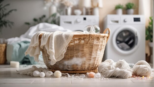 Basket with laundry for washing