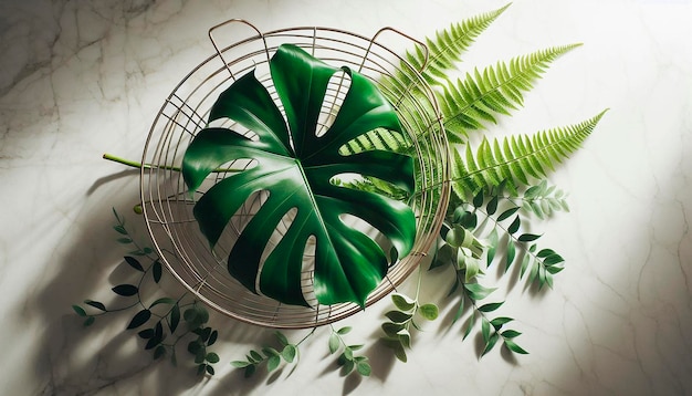 Photo a basket with a leafy green plant and a leaf