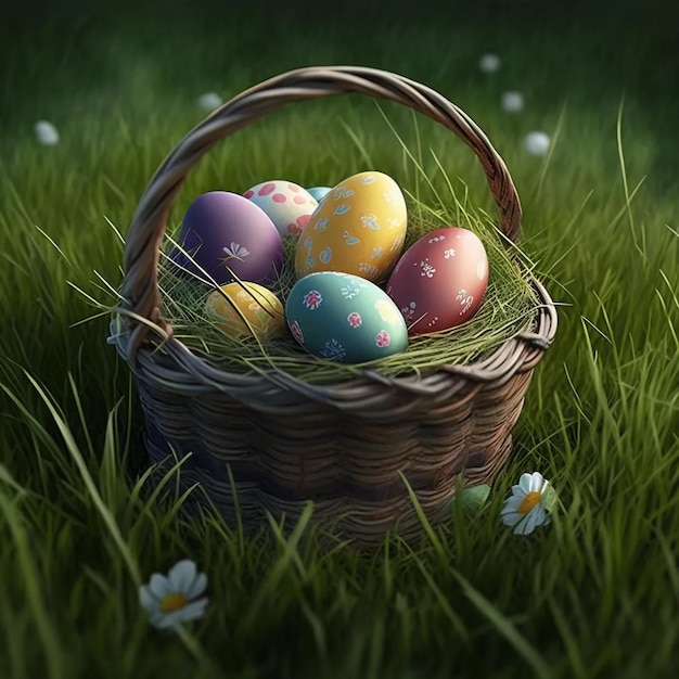 Basket with painted Easter eggs in the field among herbs and flowers