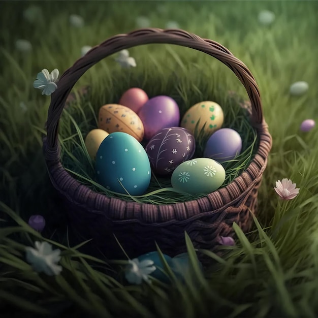 Basket with painted Easter eggs in the field among herbs and flowers