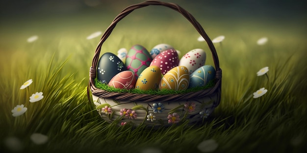 Basket with painted Easter eggs in the field among herbs and flowers