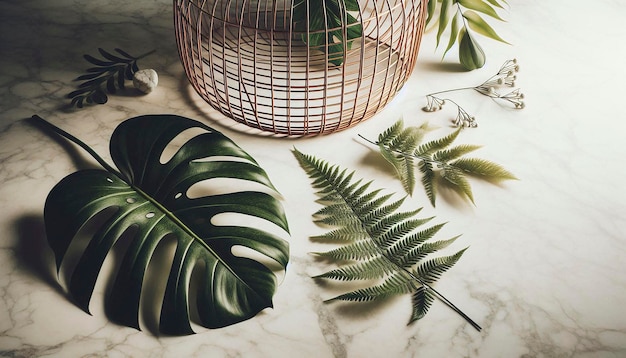 Photo a basket with palm leaves and a basket with a palm tree in it