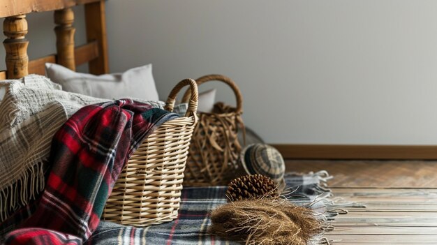 Basket with plaid on floor in room eclectic interior Generative Ai