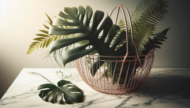 Photo a basket with a plant and a leaf on it