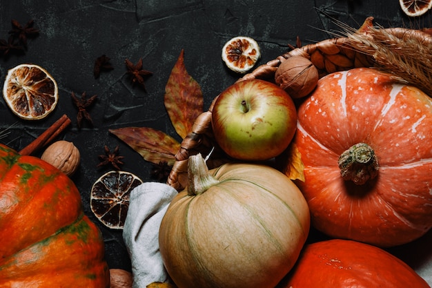 Basket with pumpkins, beautiful autumn