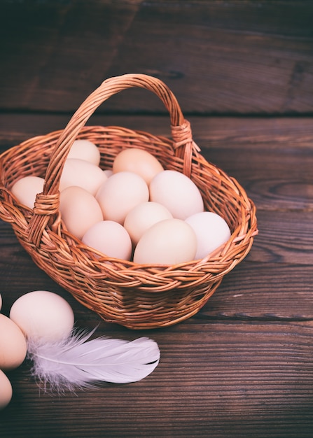 Basket with raw chicken eggs 