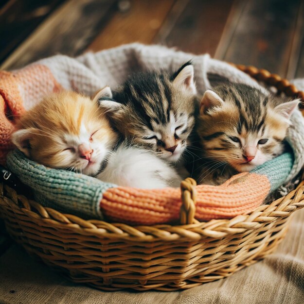 Photo a basket with three kittens sleeping in it