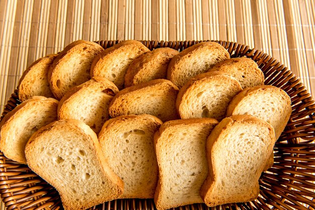 Basket with toasted bread on breakfast table.