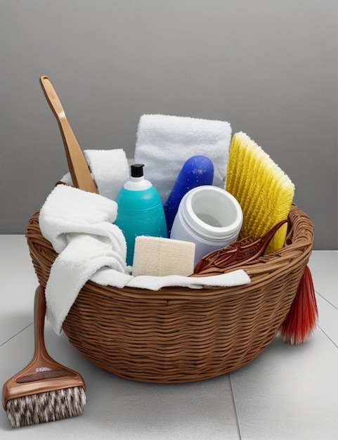 basket with towels brushes and detergents isolated on white background