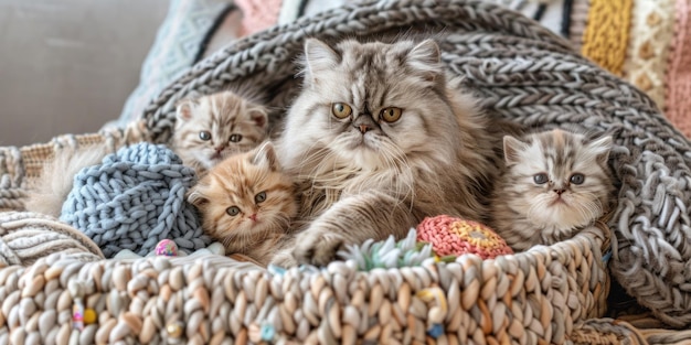 Photo a basket with two kittens and a cat