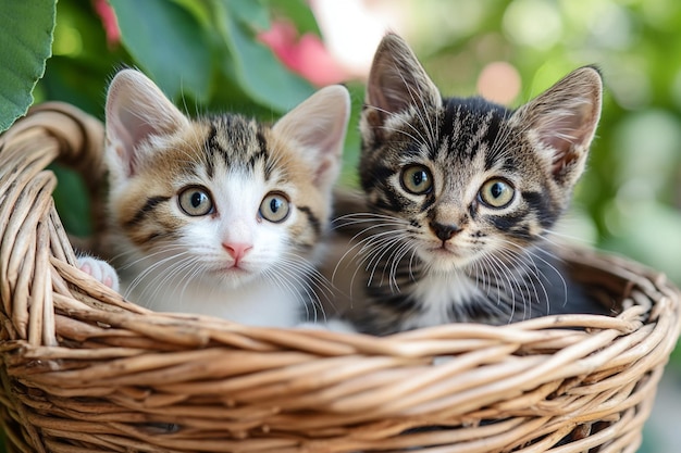 Photo a basket with two kittens and a cat