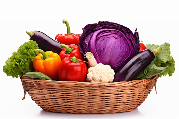 A basket with various fresh different vegetables isolated on white background