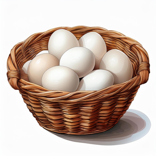 Photo basket with white chicken eggs isolated on white background