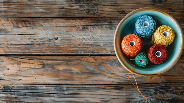 Photo a basket of yarn with a wooden background