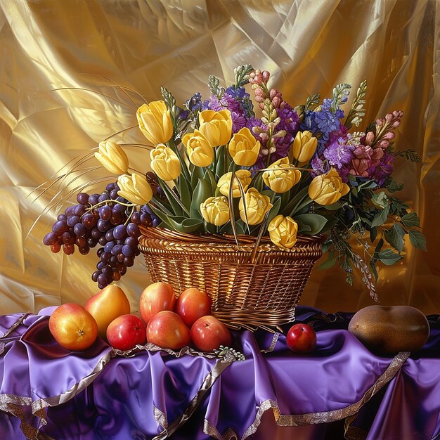 a basket of yellow flowers and fruit sits on a table with a purple cloth