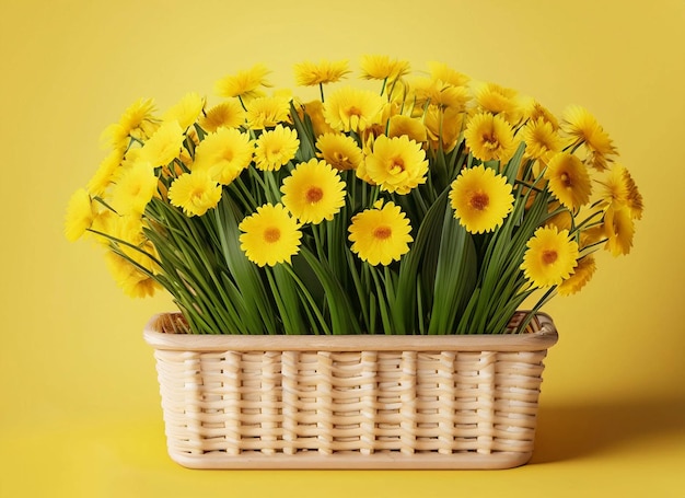 A basket of yellow flowers with green stems in it