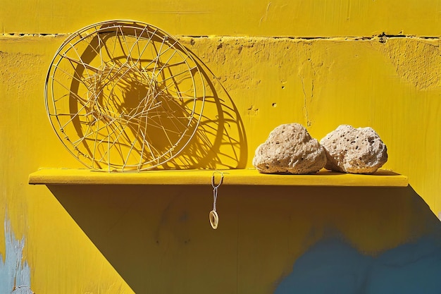 Basket on a yellow wall with stones and a birds nest