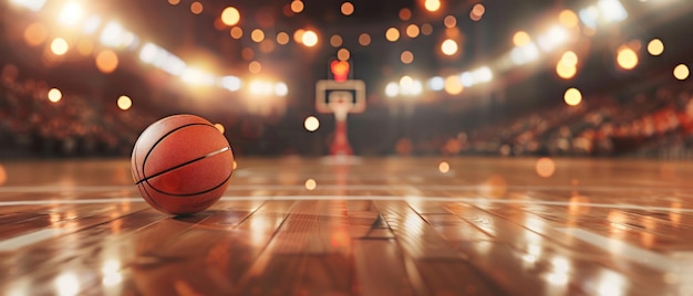 Basketball arena with wooden floor lights reflectors and tribune over blurred lights background