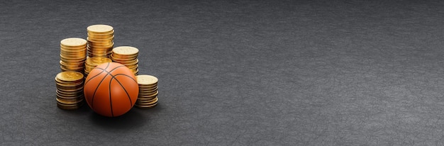 Basketball Ball ahead of Stacks of Coins on Dark Background