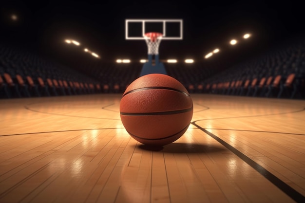 Basketball ball on basketball court in an empty basketball arena 3d illustration