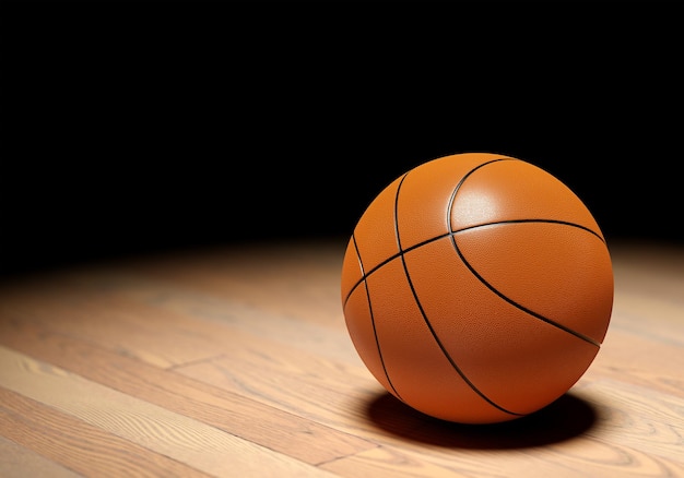 Basketball ball on parquet floor black background 3D illustration