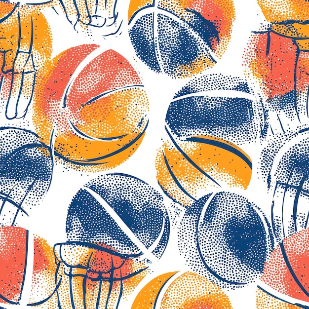 Basketball balls and hoop seamless pattern with texture Modern colorful illustration for flyers