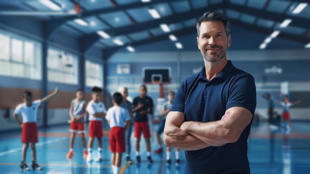 The basketball coach with kids