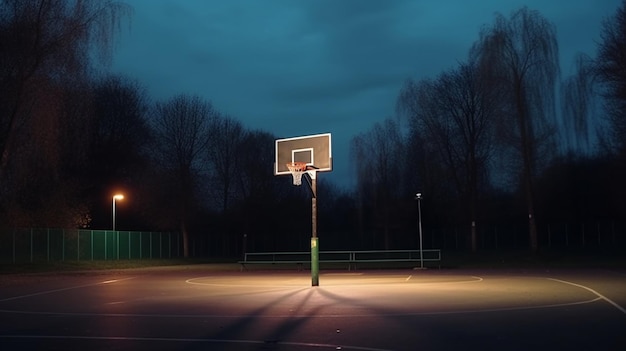 Basketball court in the dark with a light on the back