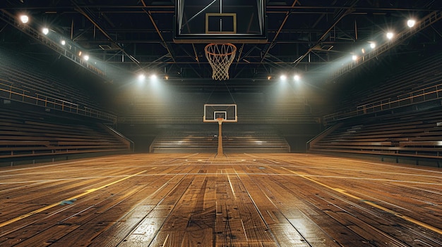 A basketball court indoor stadium The wooden floor Empty basketball arena stadium with flashlights