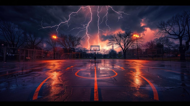 The basketball court is surrounded by thunder and lightning in a redorange sky