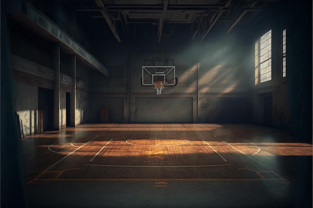 a basketball court with a basket ball on the wall.