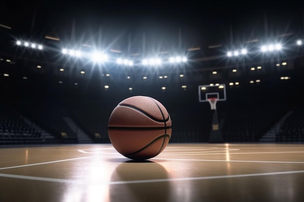 Basketball on the court with the basketball hoop in the background